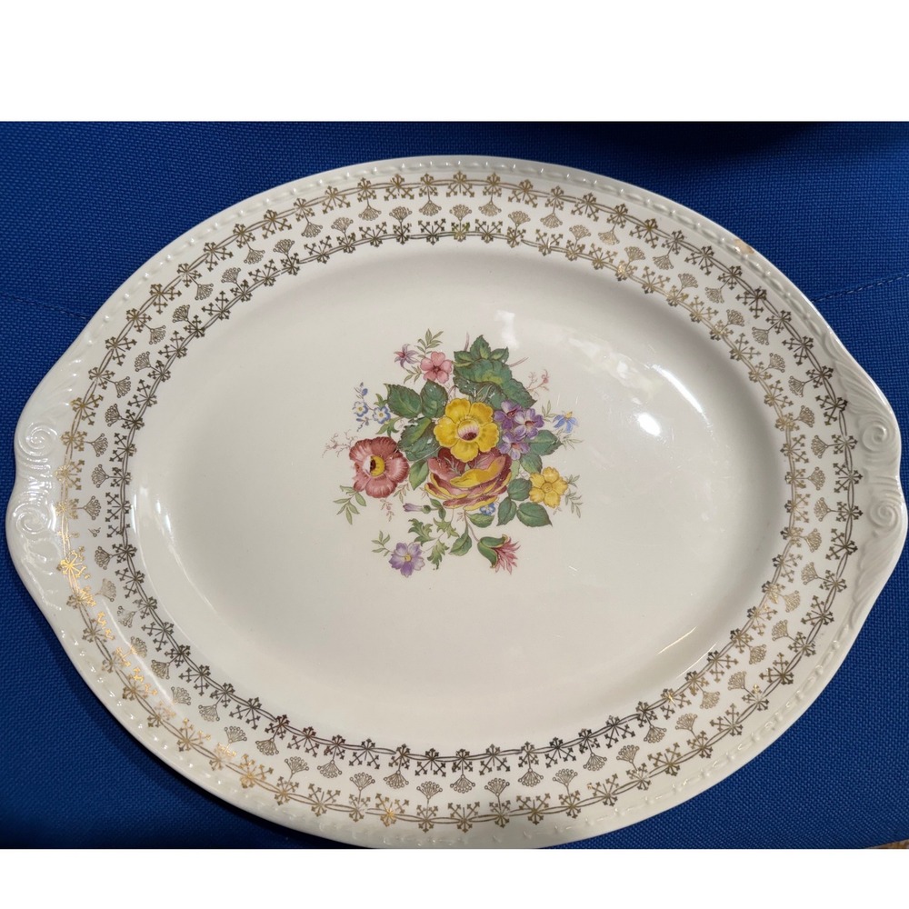 Vtg Homer Laughlin Eggshell Georgian Oval Serving Platter Floral Gold Trim 1945